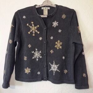 VTG 90s OHI Beaded Snowflake Christmas Cardigan Sweater Black XL Holiday